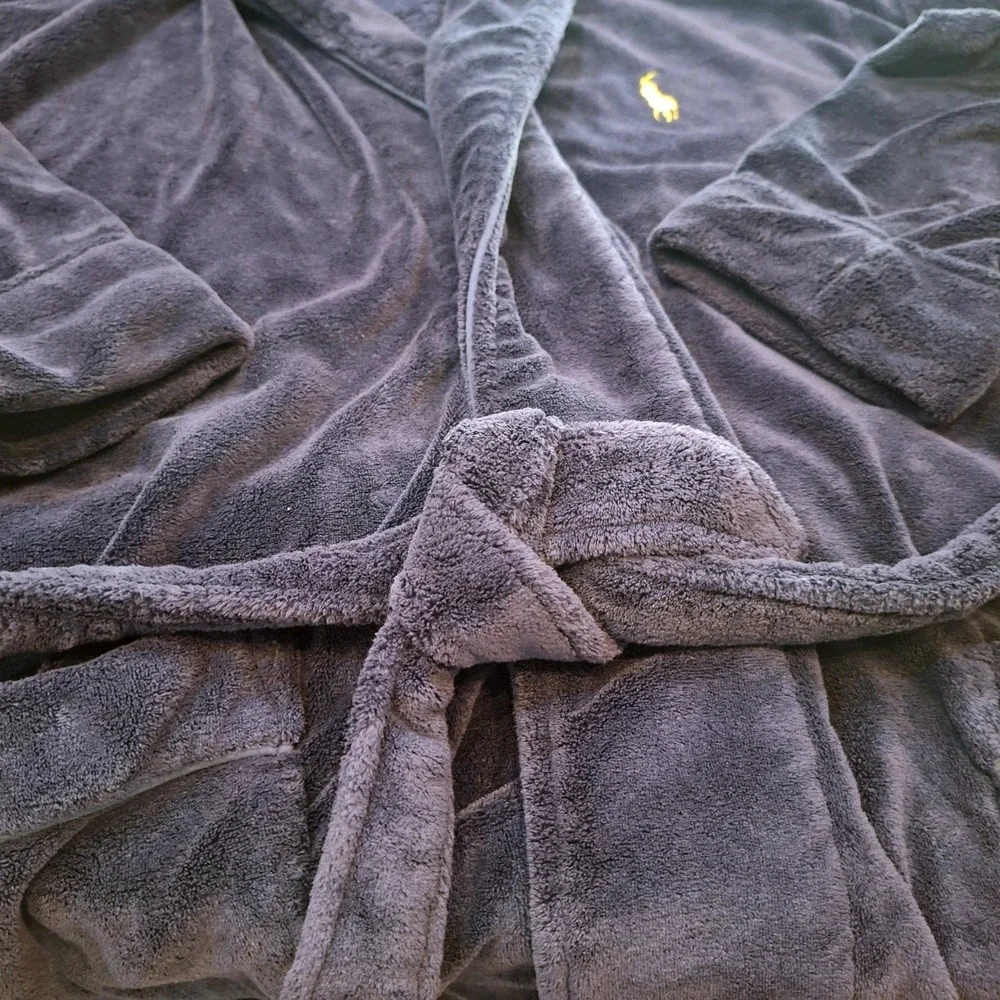 Polo Ralph Lauren Robe Men One Size Navy Blue Fleece Yellow Pony Logo Loungewear